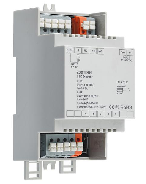 Predradník na stmievanie LED EK-2002-DIN-SR, 4x 1-10V, 4x5A