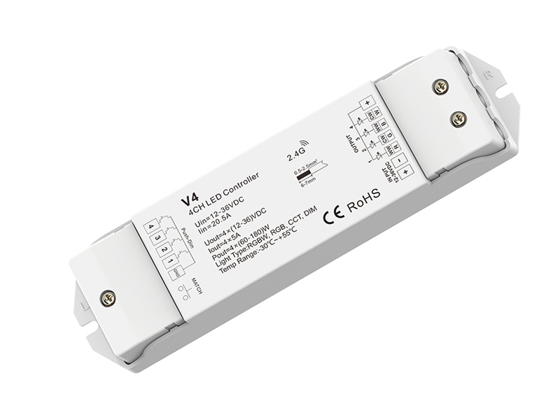 LED RGBW stmievač/prijímač 4x5A, 12-36VDC(12V/240W, 24V/480W), push, pre ovládač LC-SD-R8
